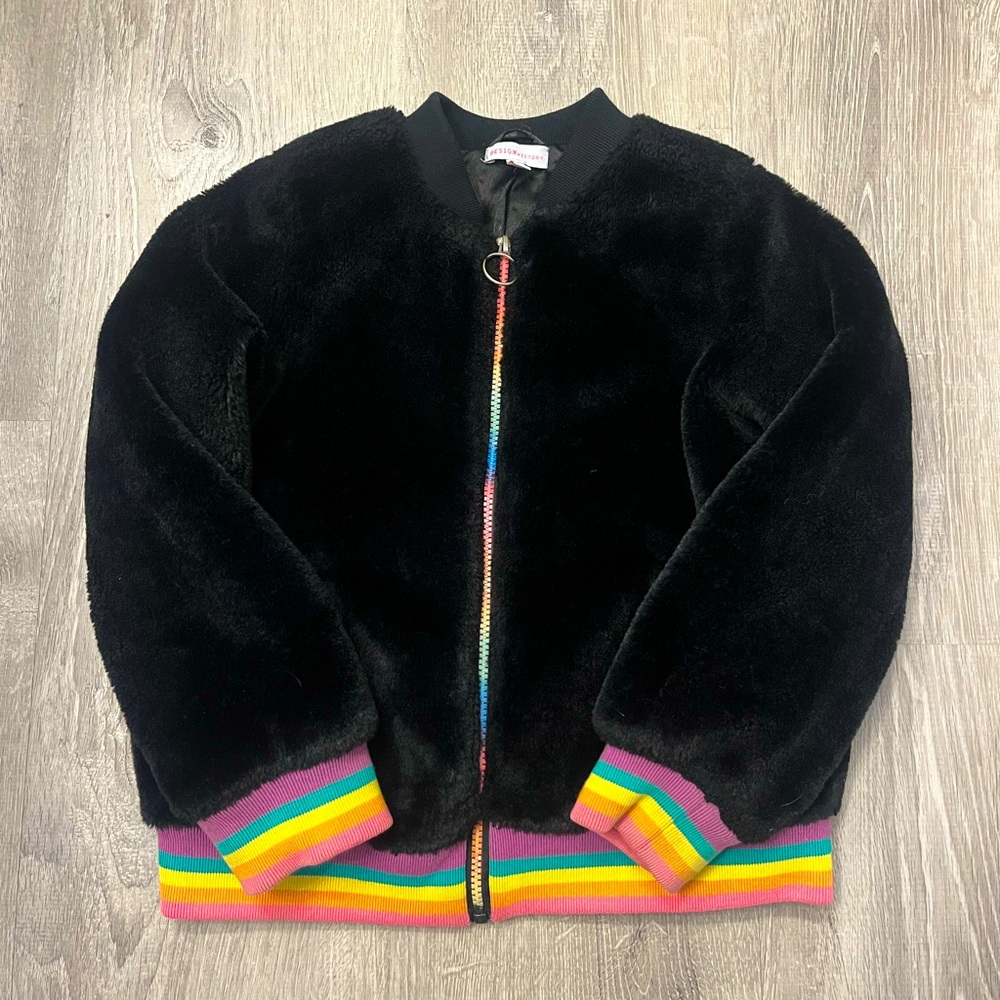Girl's Design History Faux Fur Black/Rainbow Full Zip Jacket- Size M-‎ Pre-owned